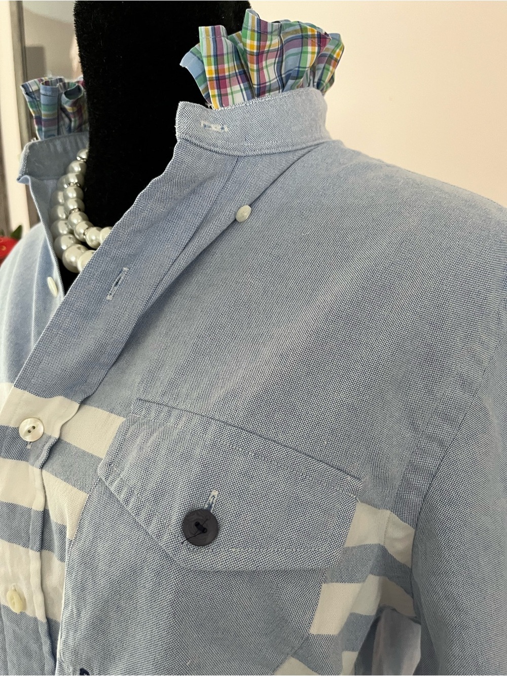 Refashioned Ralph Lauren Lt. Blue and White Striped Button-Down Ruffle Collar
